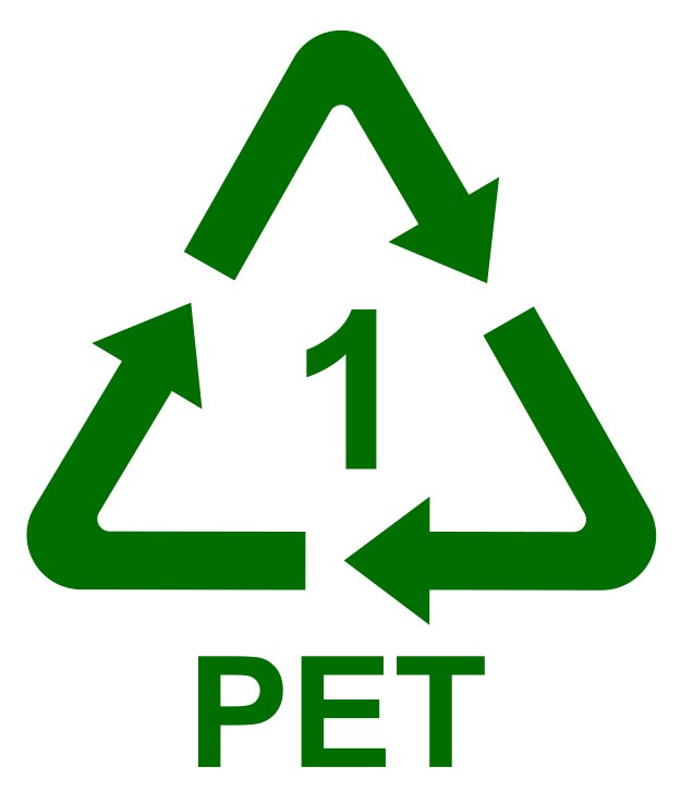 Recycle triangle symbol with 1 in the middle, PET label below.